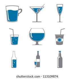 Set of icons of drinks gray blue