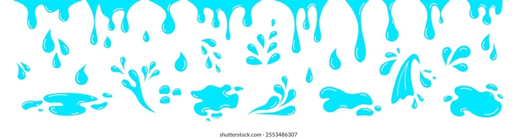 Set of icons of drops, liquid splashes, puddles, raindrops, pouring water, design elements. Vector illustration.