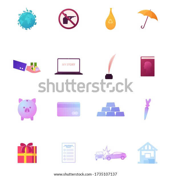 Set Icons Earth with Animals Species,\
Hunting Prohibition Sign, Recycling Bag and Umbrella. Hand with\
Gift Box, My Story on Pc Screen, Feather Pen and Book with Piggy\
Bank. Cartoon Vector\
Illustration