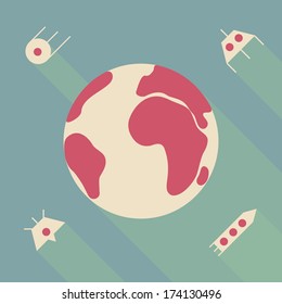 set of icons of earth with flying ufo satellite and spaceship