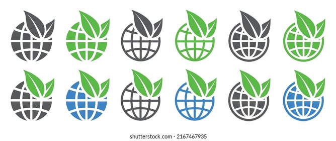 Set of icons earth with leaf. Earth and environment protection signs. Leaf and globe, eco globe symbol. Vector.