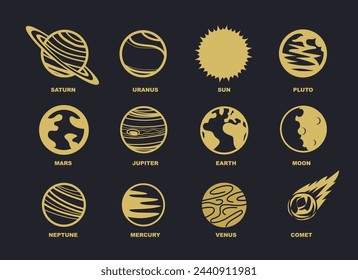 Conjunto de iconos de la tierra, sol y planetas. Ilustración monocroma.