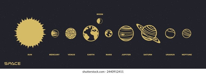 Set of icons of the earth, sun and planets. Monochrome illustration.