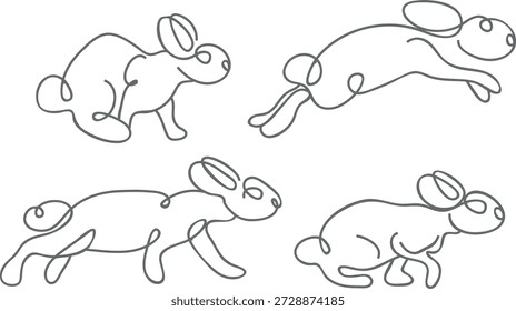Conjunto de iconos de conejos de Pascua en diferentes poses en estilo de arte de línea, para tarjetas de Pascua, carteles u otros diseños de vacaciones