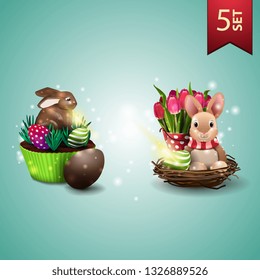 Set of icons for Easter, Easter cake, Easter Bunny and tulips
