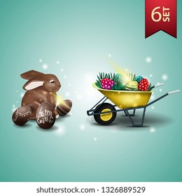 Set of icons for Easter, chocolate Easter Bunny and wheelbarrow with Easter eggs