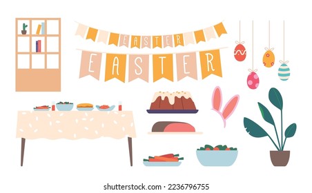 El conjunto de iconos para la cena de Semana Santa, el personal interior y la decoración. Mesa de cocina con diferentes comidas festivas, decoración de habitaciones, jardines y huevos pintados. Ilustración de vectores de dibujos animados de festividad