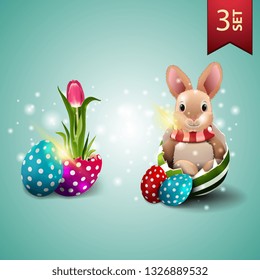Set of icons for Easter, tulip growing from Easter egg and Easter Bunny in egg