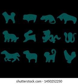 Set of icons for the eastern horoscope: rat, bull, tiger, rabbit, dragon, snake, horse, sheep, monkey, rooster, dog, pig, vector illustration, eps 10