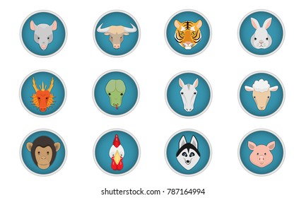 Set of icons for the eastern horoscope: rat, bull, tiger, rabbit, dragon, snake, horse, sheep, monkey, rooster, dog, pig