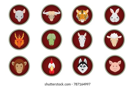 Set of icons for the eastern horoscope: rat, bull, tiger, rabbit, dragon, snake, horse, sheep, monkey, rooster, dog, pig