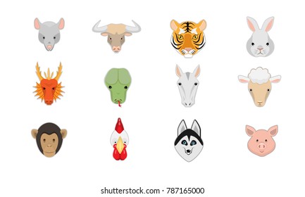 Set of icons for the eastern horoscope: rat, bull, tiger, rabbit, dragon, snake, horse, sheep, monkey, rooster, dog, pig