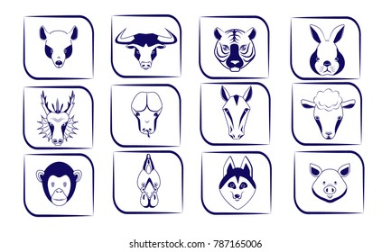 Set of icons for the eastern horoscope: rat, bull, tiger, rabbit, dragon, snake, horse, sheep, monkey, rooster, dog, pig