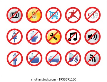 Set of icons easy to use no photography no phones. Do not running Do not trucks passing. not touch,  Women no entry, Men no entry 
Prohibit adjust. Do not make a loud noise. vector 