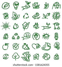 Set icons eco and bio products. Icons of environmentally friendly products, objects, buildings and transport. Vector illustration hand drawn isolated on white background for design and web.