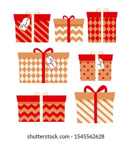 Set of icons of eco gift boxes. Flat design for Christmas present vector isolated on white