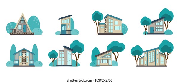 Set of icons for ecological houses and design elements. Collection of cute houses surrounded by greenery, drawn in cartoon style, isolated on a white background. Vector illustration in a flat style.