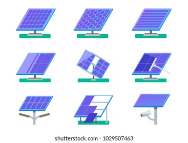 Set of icons Ecological solar energy equipment, solar panels isolated on white background. 