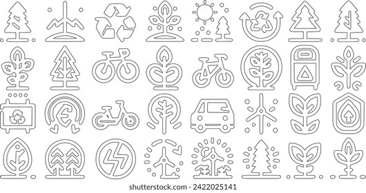 Set of icons for ecology. Ecology, durability, wildlife, recycling, renewable energy sources; electric bicycle, environmentally friendly, woodland, wind energy, green emblem. Vector set of solid icons