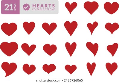 SET OF ICONS IN EDITABLE HEART SILHOUETTES. ELEMENTS WITH BEAUTIFUL HEART SYMBOLS, TO ILLUSTRATE THEMES OF ROMANCE, VALENTINE'S DAY AND IN LOVE. PIXEL PERFECT.