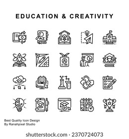 A set of icons with an Education and Creativity theme in outline style with a total of 20 icons