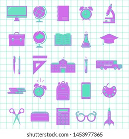 Set of icons for education on checkered notebook sheet. Back to school. 
Design for banner, poster, label. Vector illustration.
