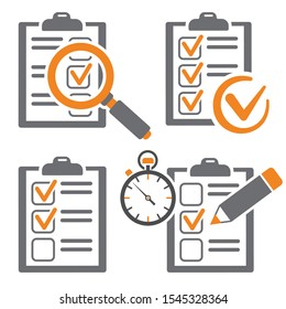 Set icons education test with pencil, stopwatch, magnifying glass, clipboard with checklist. online testing, audit concept. successfully completed checklist. isolated vector illustration