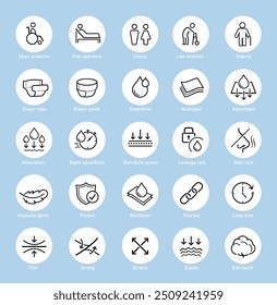 Set icons for elderly health care, diaper tape and pants. The outline icons are well scalable and editable. Contrasting vector elements are good for different backgrounds. EPS10.