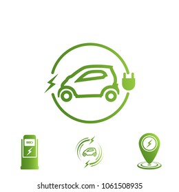 Set of icons electric car. Electric Vehicle Charging Station.