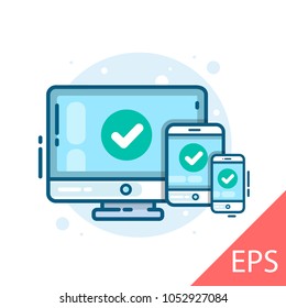 A set of icons of electronic devices with approval: a computer display, a tablet, a smartphone. Vector modern line design illustration icon