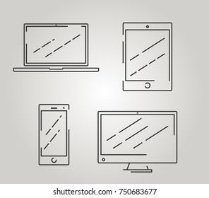 Set of icons electronic devices with white blank screens. smartphone, tablet, PC, laptop 
