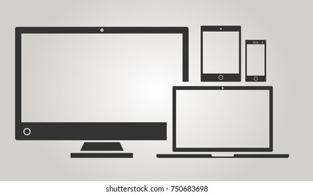 Set of icons electronic devices with white blank screens. smartphone, tablet, PC, laptop 
