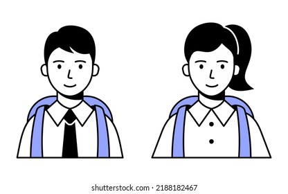 A set of icons elementary or middle school pupils. Avatar of a schoolboy girl and schoolboy with a backpack. Vector modern flat illustration