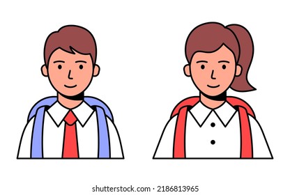 A set of icons elementary school students. Avatar of a schoolboy girl and schoolboy with a backpack. Vector modern flat illustration