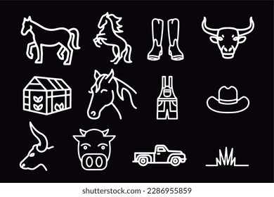 Set of icons, elements, farm style, cowboy, field, horses, line art, logo, equipment, boots, oxen, character, cow, farm animals, livestock, hat, truck, pickup truck, overalls, pose