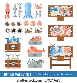 Set of icons and elements in a flat style. Fish market and the different seafood in  flat style. Showcases fish market and fish boxes.