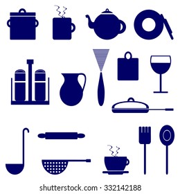 Set of icons with elements of kitchen utensils, blue color on a white background