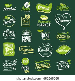 Set of icons and elements for organic food and drink, restaurant, food store, natural products, farm fresh food,  e-commerce, healthy product promotion.