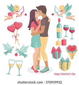 Set  icons and elements for Valentine's day design. Vector Illustration Flat.