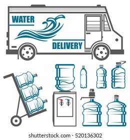 Set von Symbolen und Elementen für die Wasserversorgung. Flaschen, Kühler, Lastwagen, Warenkorb. Vektorgrafik.