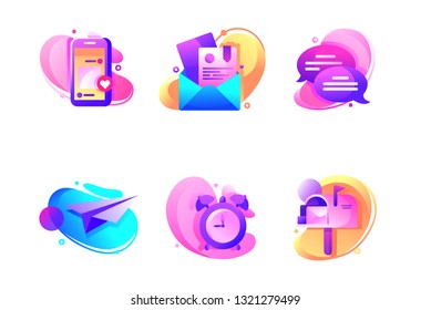 Set icons with email, alarm clock, paper airplane, mailbox. Concept collection modern symbols for message, internet, ad, web. Pixel perfect. Vector illustration