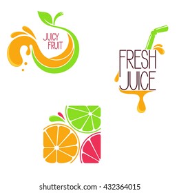 Set Of Icons, Emblems And Design Elements For Fruit And Vegetable, Freshly Squeezed Juice Or Juice Bar Menu