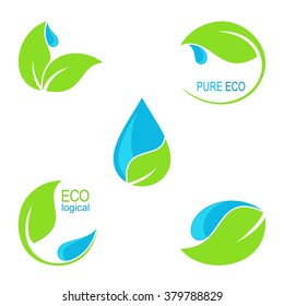 Set of icons, emblems and frames with green leaves and water droplets for ecology, natural and organic health care, beauty and gardening design