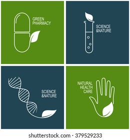 Set of icons and emblems for green pharmacy, natural health care and herbal medicine