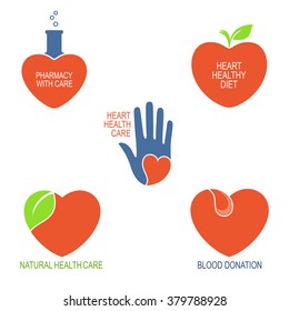 Set of icons and emblems with heart symbol for health care, cardiology, pharmacy and blood donation