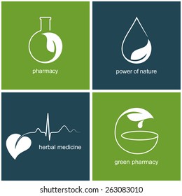 Set of icons and emblems with leaves for green pharmacy and herbal medicine 