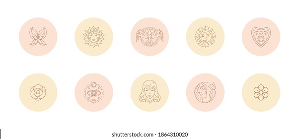 Set of icons and emblems for social media stories highlight covers in line art style vector illustration. Modern drawings with woman signs and magic boho elements for beauty blogger or photographer.