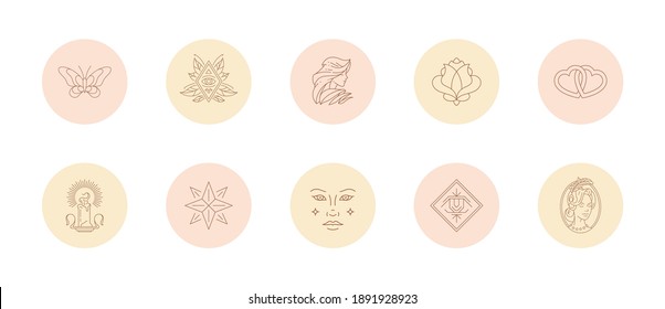 Set of icons and emblems for social media stories highlight covers in linear style vector illustration. Modern drawings with feminine signs and magic boho elements for beauty blogger or makeup artist.