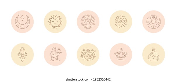 Set of icons and emblems for social media stories highlight covers in linear style vector illustration. Magic drawings with feminine signs and mystic boho elements for beauty blogger or makeup artist.