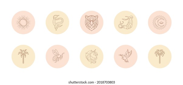 Set of icons and emblems for social media stories highlight covers in linear style vector illustration. Modern drawings with feminine signs and magic boho elements for beauty blogger or magician.